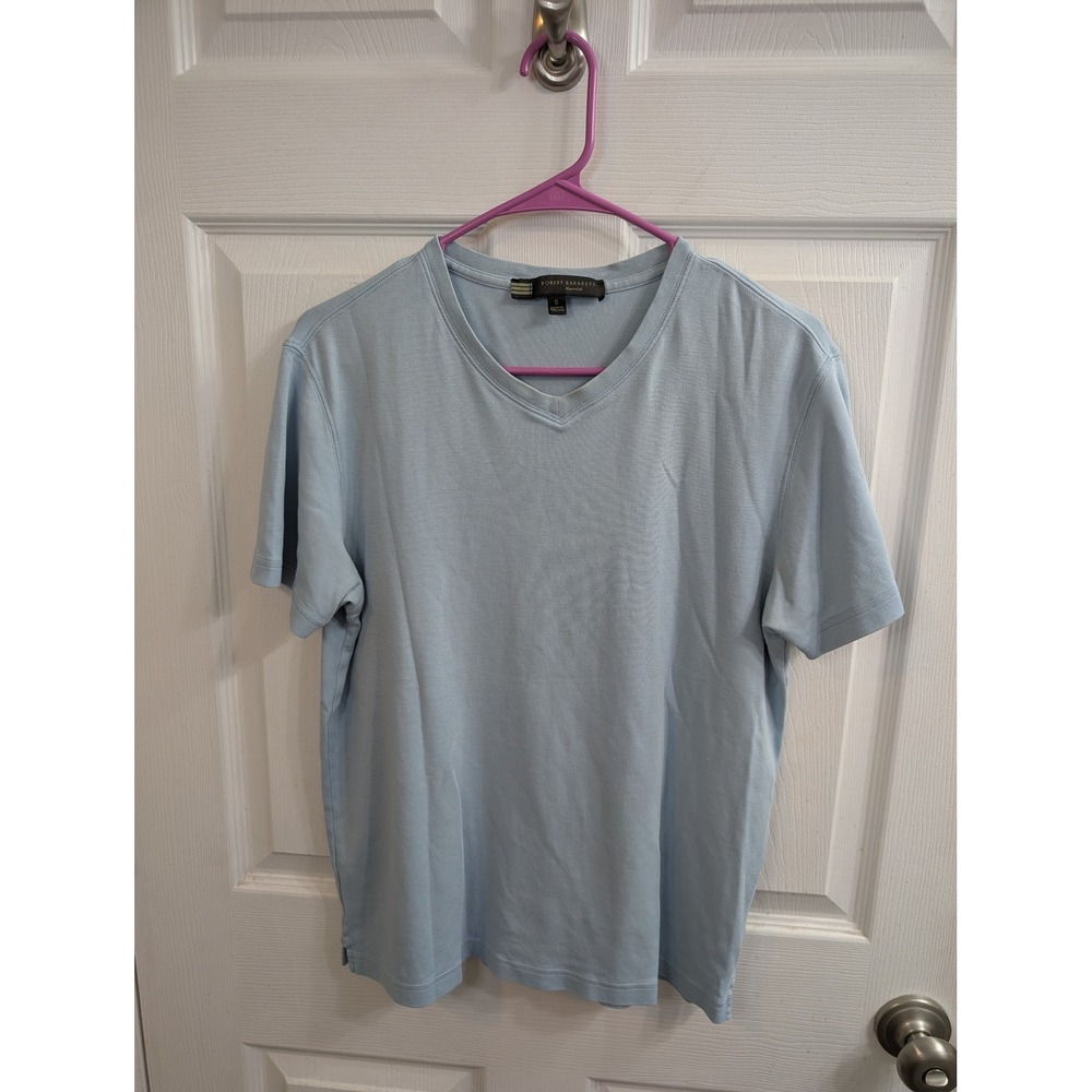Robert Barakett V-Neck T-Shirt Blue Pima Cotton Short Sleeve - Size S
